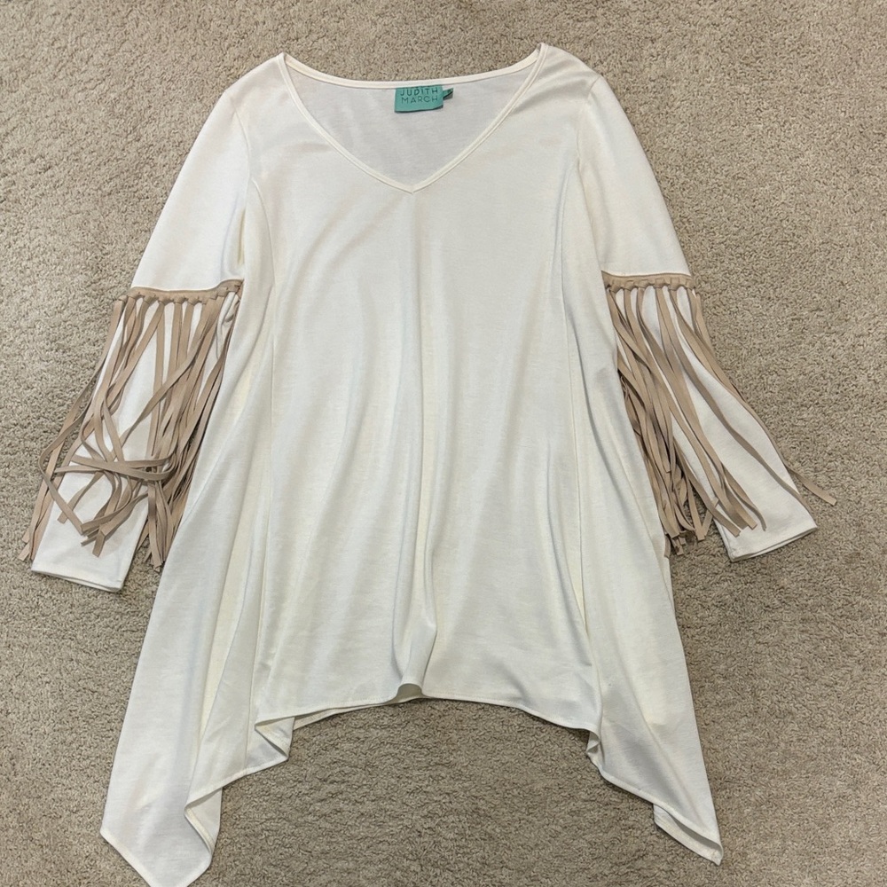 Judith March White Blouse with Tan Fringe Sleeves